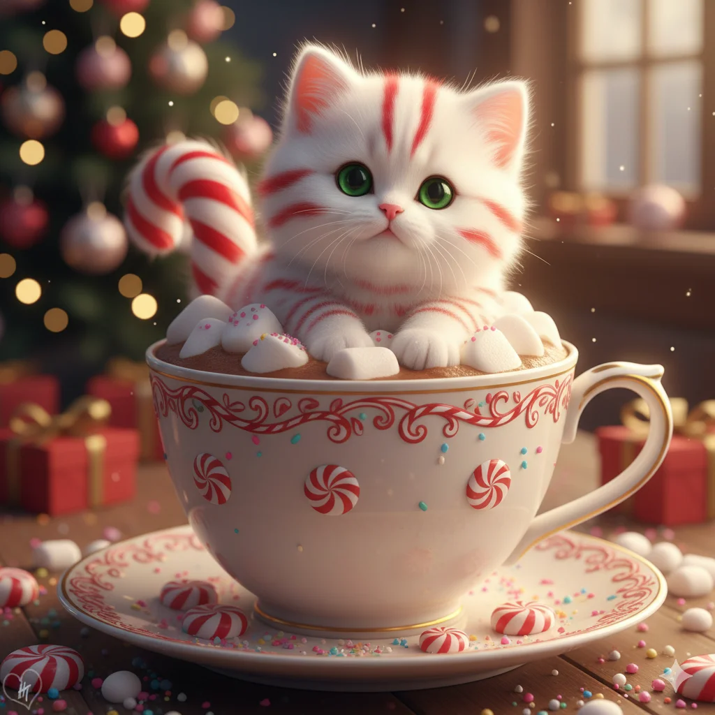 Cute cat made of candy canes sitting in snow