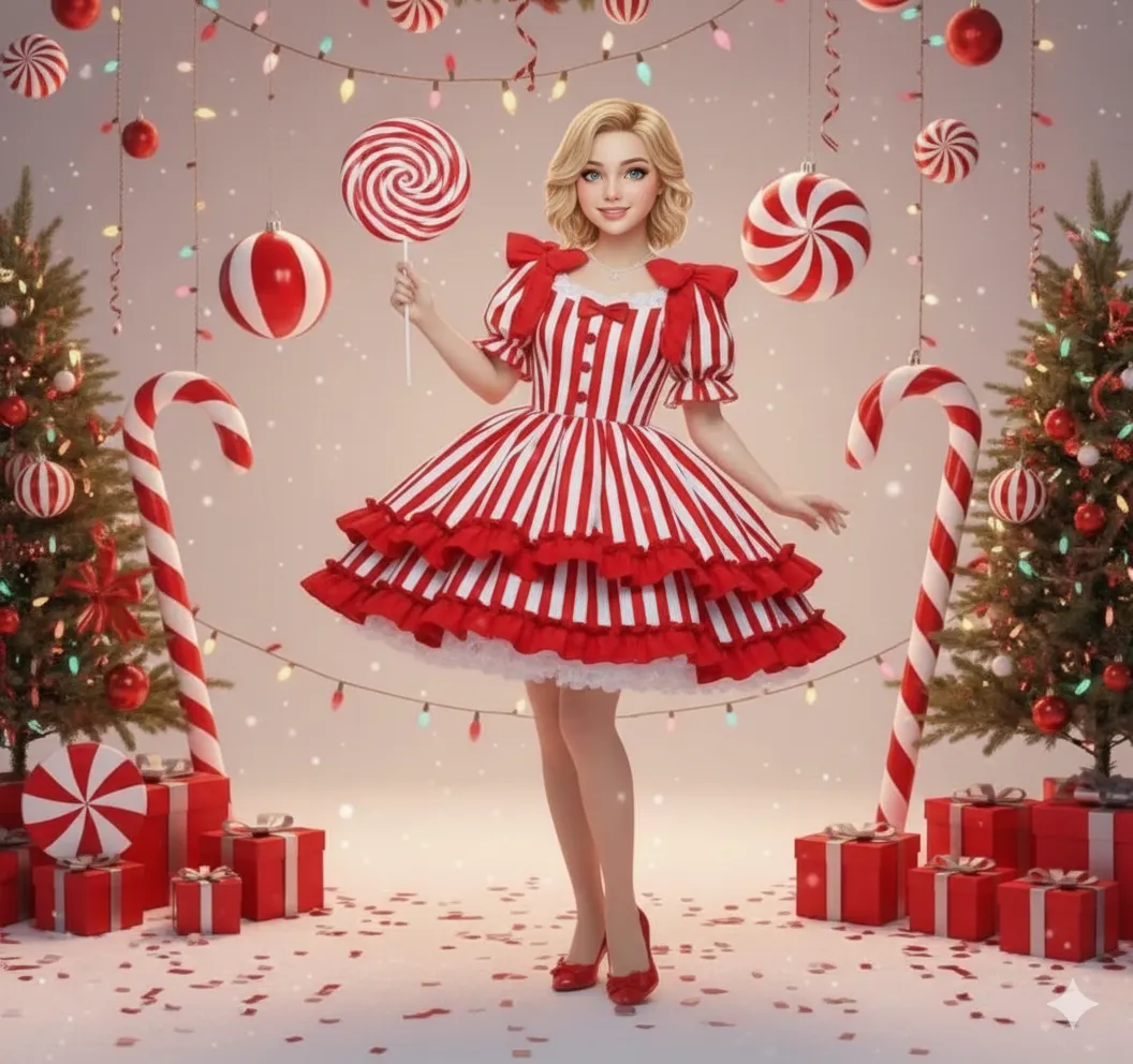 Ai candy cane girl wearing spiral candy cane dress fashion editorial